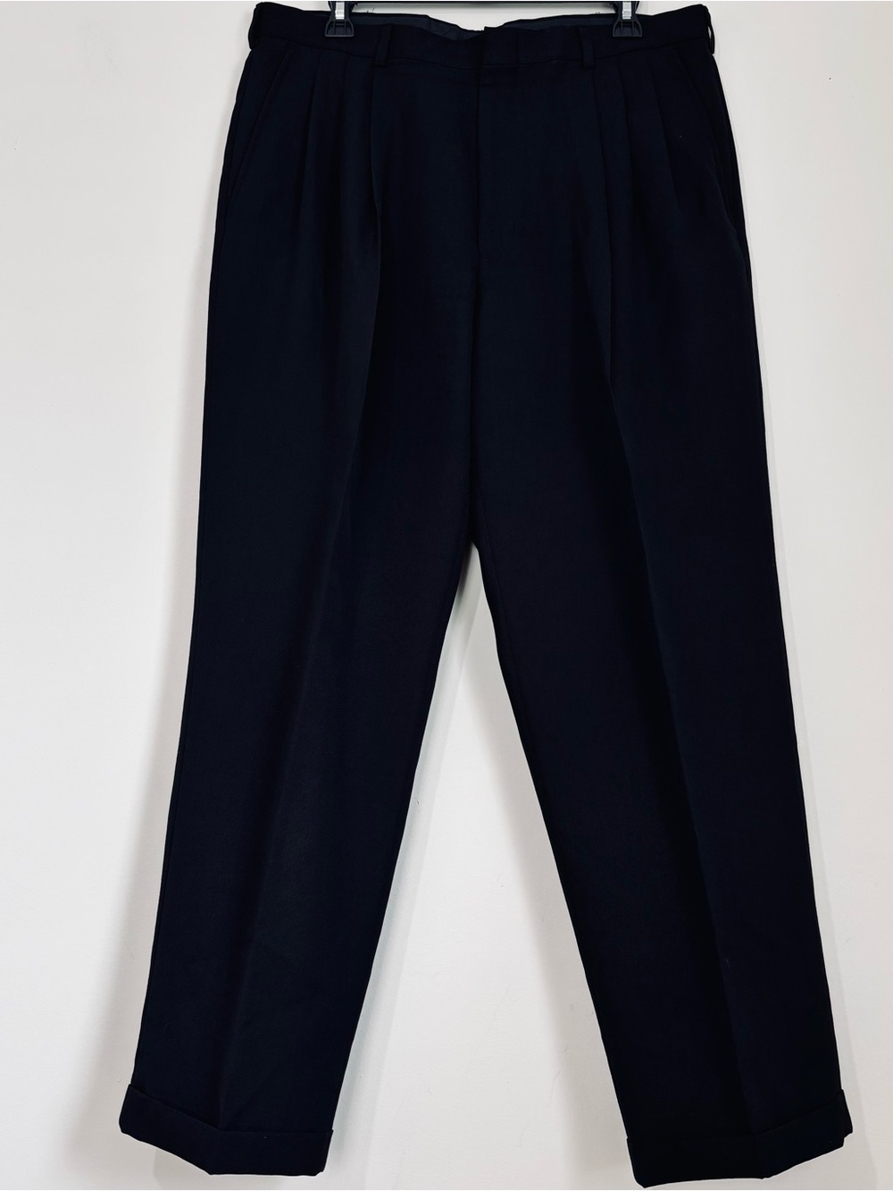 City Streets Mens 36x29.5 Black Worsted Wool Pleated Cuffed Tailored Dress Pants